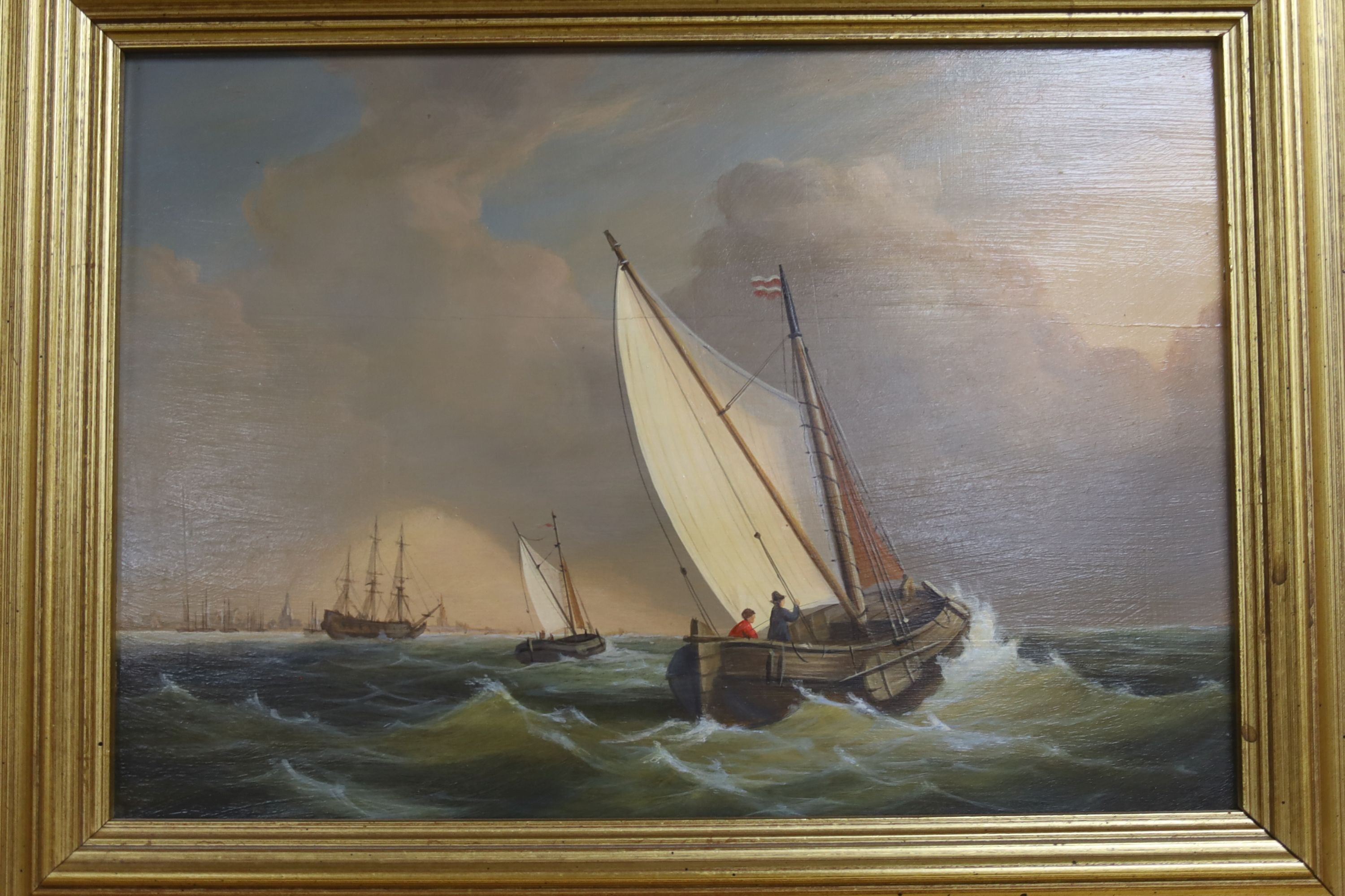 Dutch School, oil on panel, Sail barge and other shipping off the coast, 18 x 26cm, a winter landscape and a pair of oils of fishing boats by Bernard Page (1927-1988)